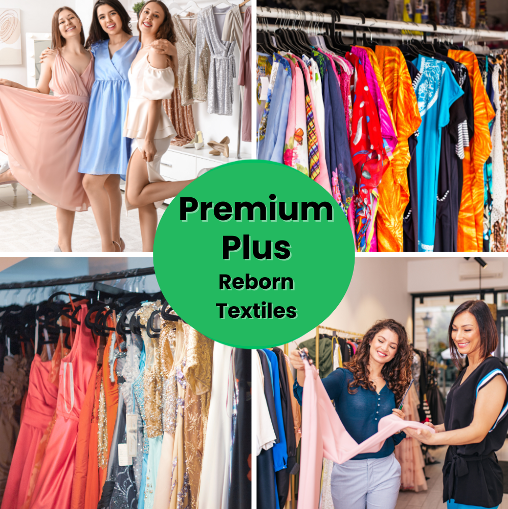 Collage of people shopping and displaying clothing with 'Premium Plus Reborn Textiles' branding.