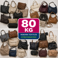 A collage of many handbags and shoulder bags in different colors arranged around a large central pink and blue label that reads '80 KG' and 'REBORN TEXTILES 07801684700'.