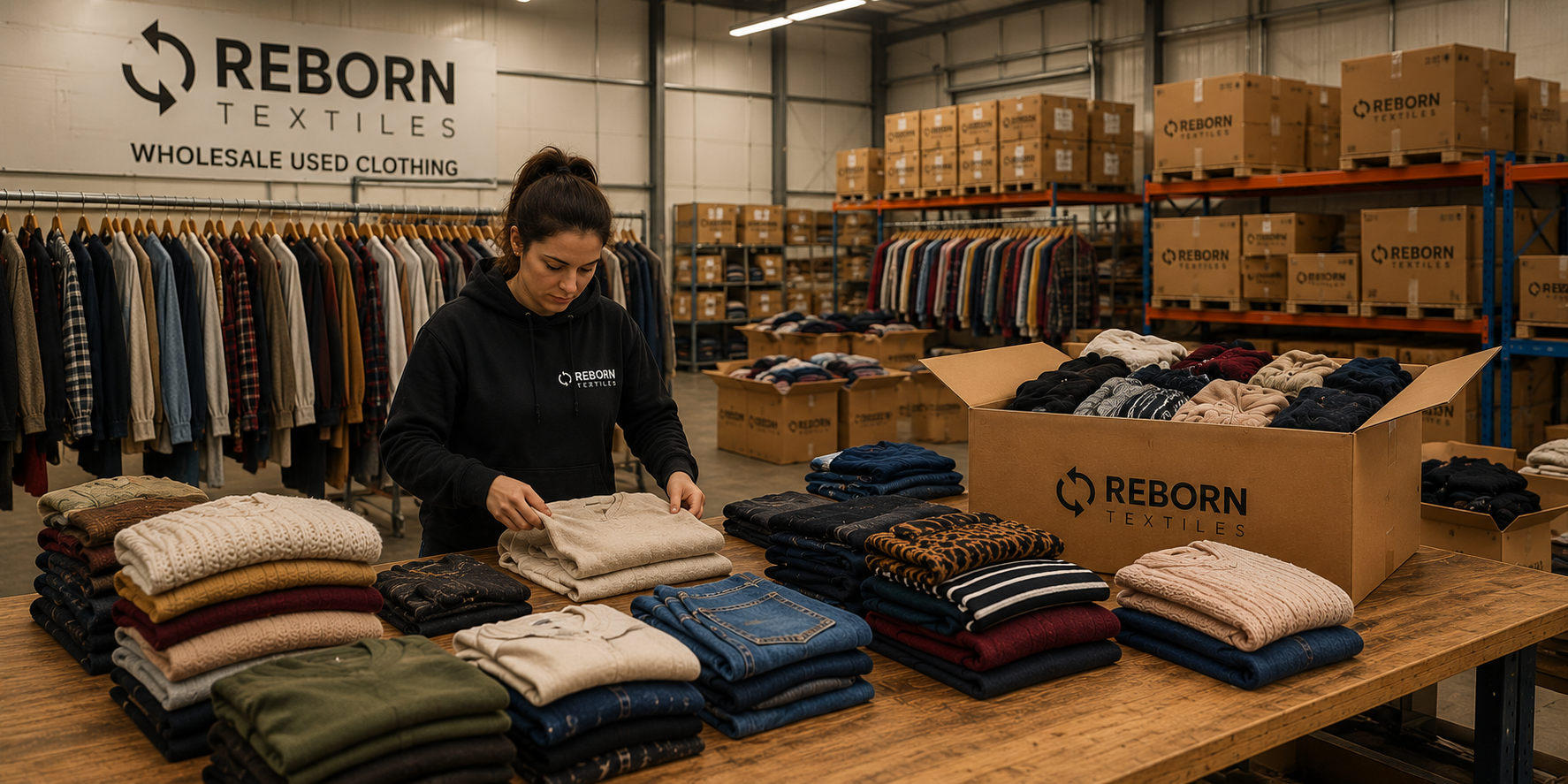Person organizing folded clothing in a warehouse with 'Reborn Textiles' branding.