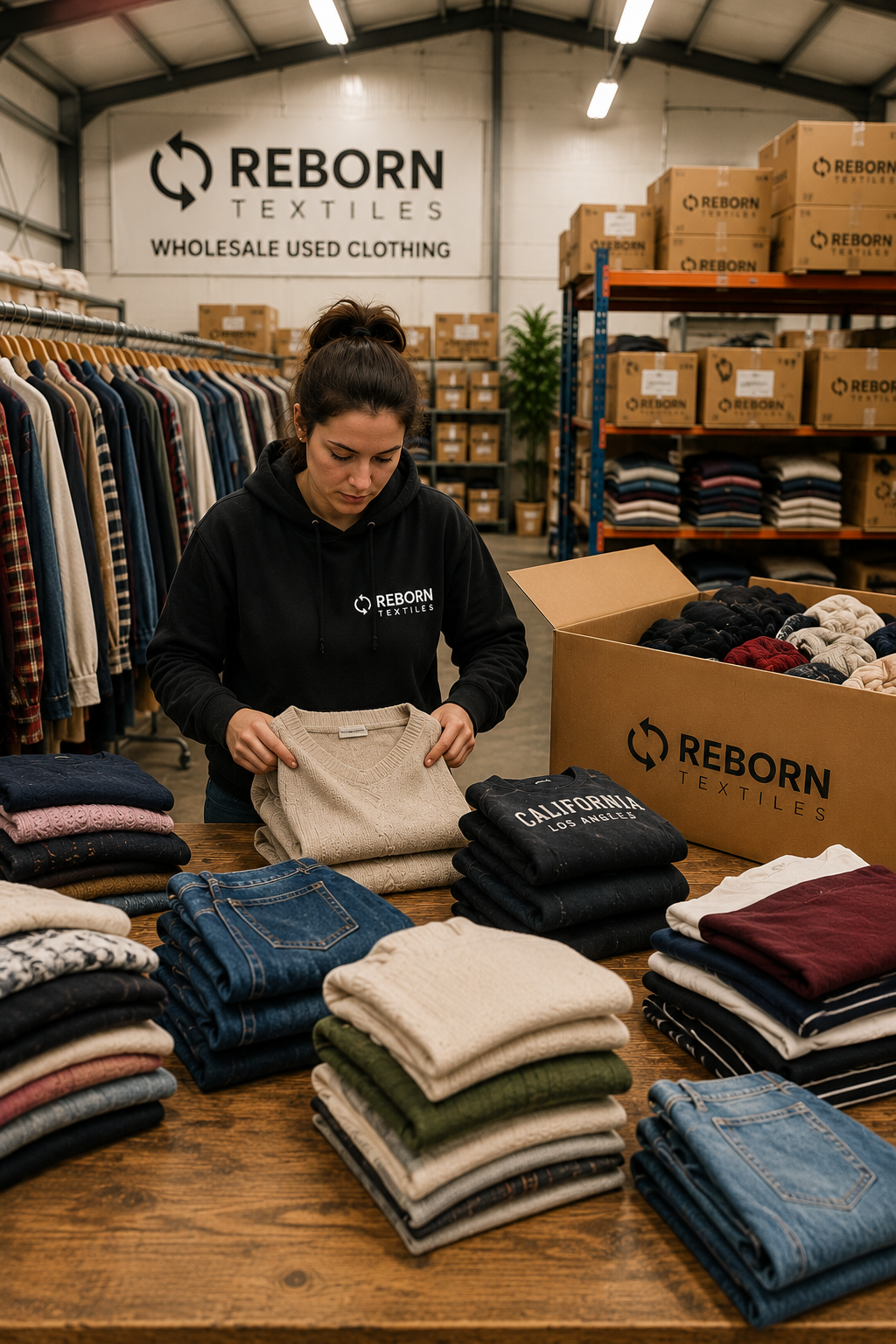 Person organizing clothing in a warehouse setting with 'Reborn Textiles' branding.