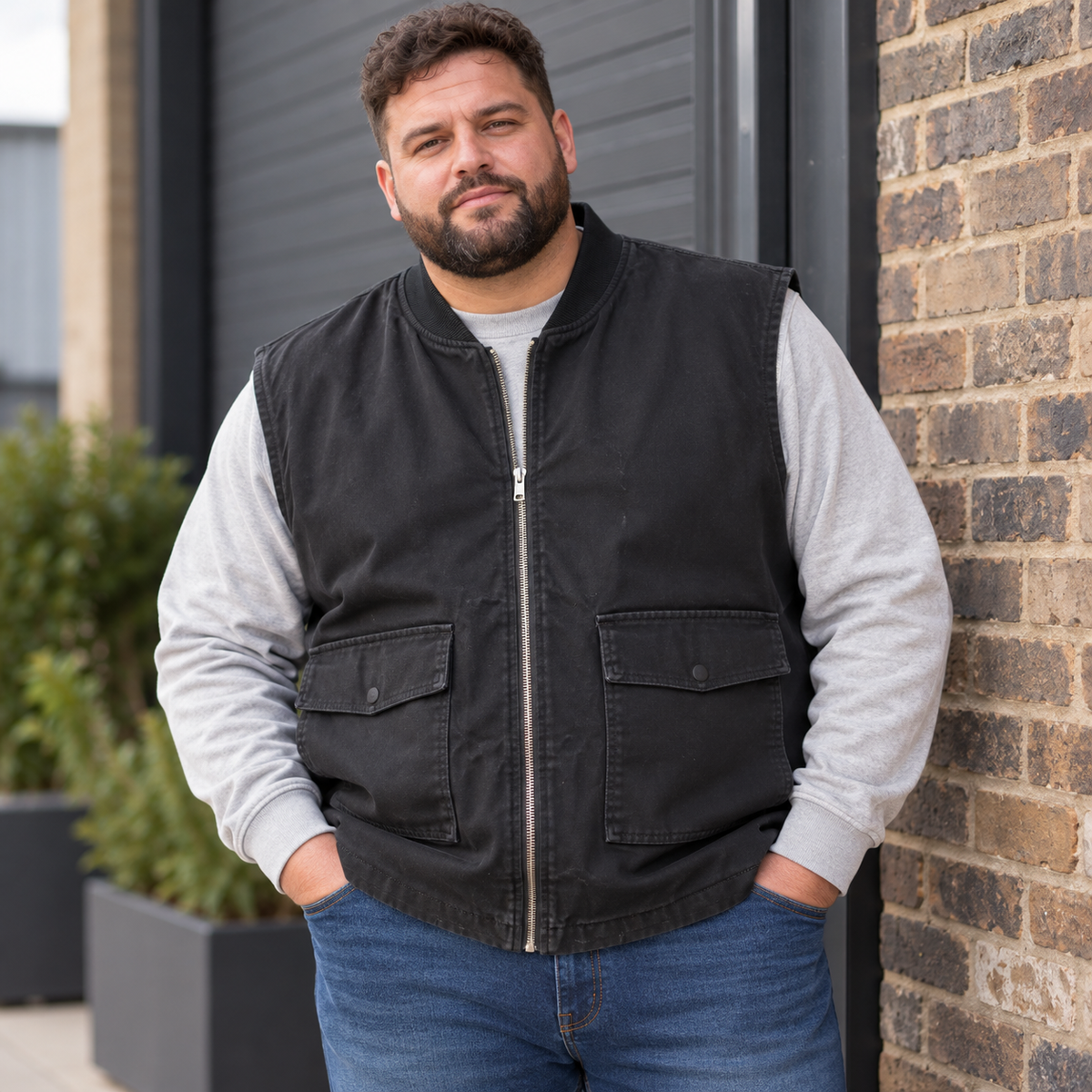 A man wearing a black zip-up sleeveless vest over a light gray long-sleeve shirt and blue jeans, standing outdoors against a brick wall and dark metal door.