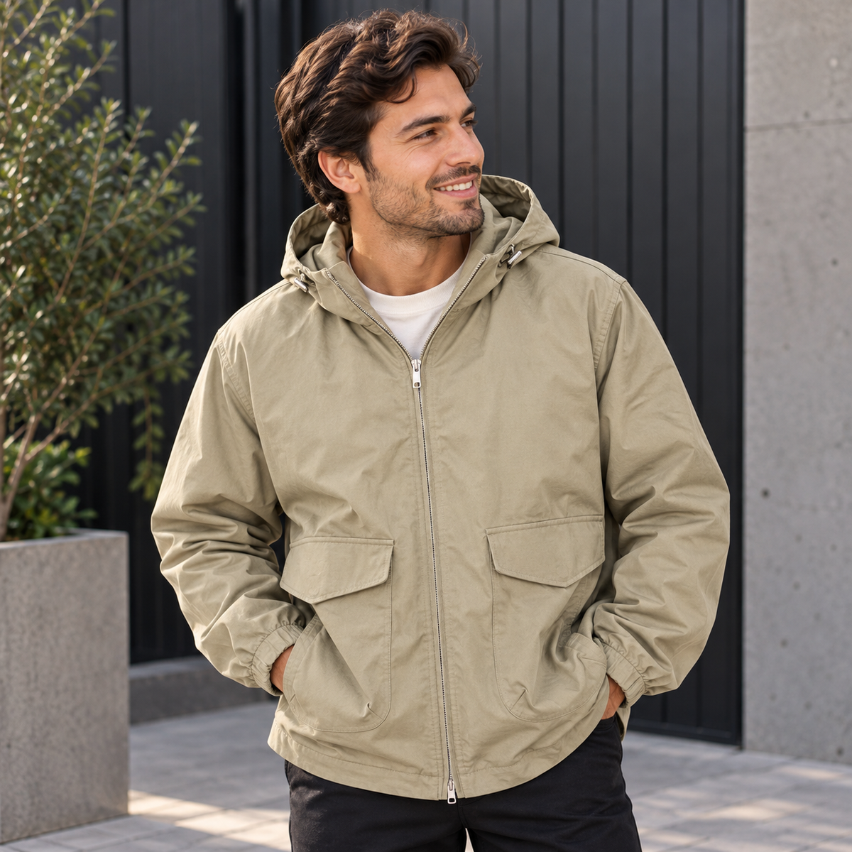 A man wearing a light khaki hooded zip-up jacket with front flap pockets, standing outdoors in front of a dark paneled wall.
