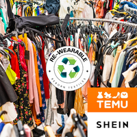Clothing rack with various garments and logos for Re-Wearable, TEMU, and SHEIN.
