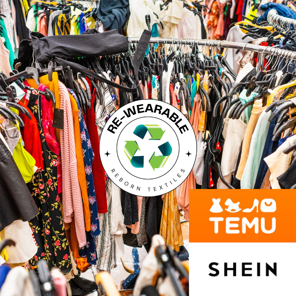 Clothing rack with various garments and logos for Re-Wearable, TEMU, and SHEIN.
