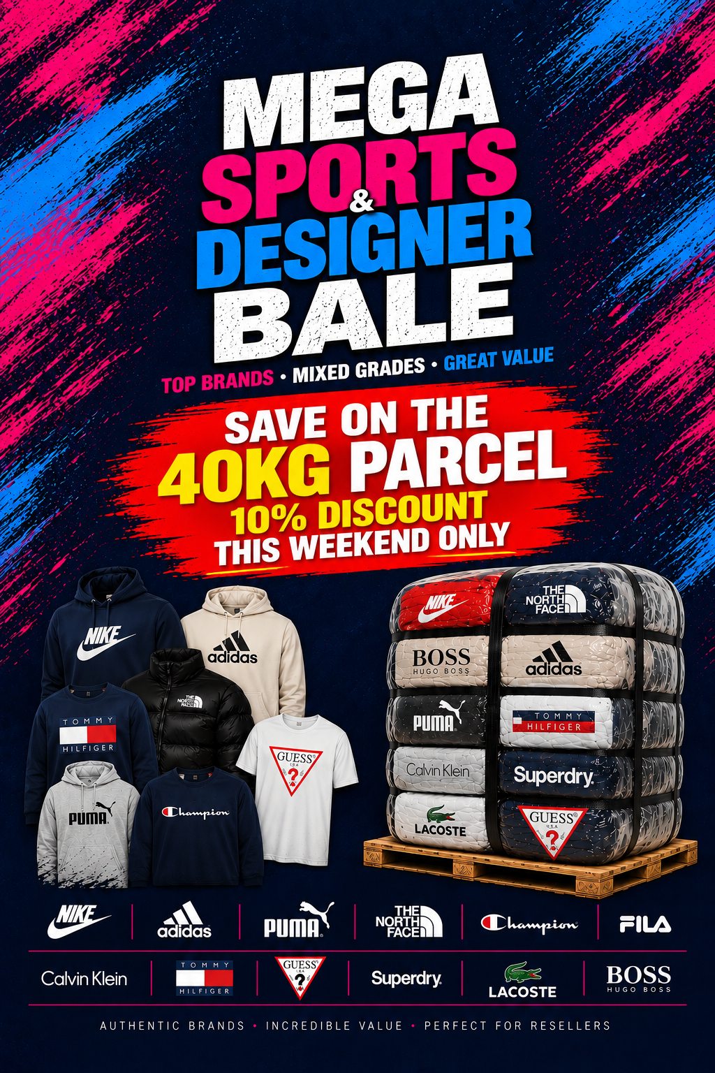 Promotional flyer for a 'Mega Sports & Designer Bale' offering 40kg parcels of wholesale clothing. The flyer features a colorful abstract background with pink, blue, and black brushstrokes, displaying various apparel items (hoodies, t-shirts) and stacked branded resale parcels on a wooden pallet.