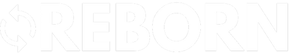 Black 'REBORN' logo with circular arrows on a white background