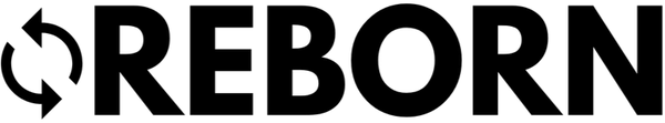 Black 'REBORN' logo with circular arrows on a white background