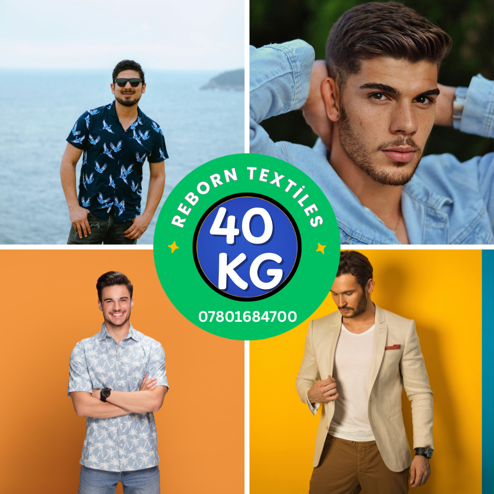 Four men in different outfits with Reborn Textiles 40 KG logo and contact number.