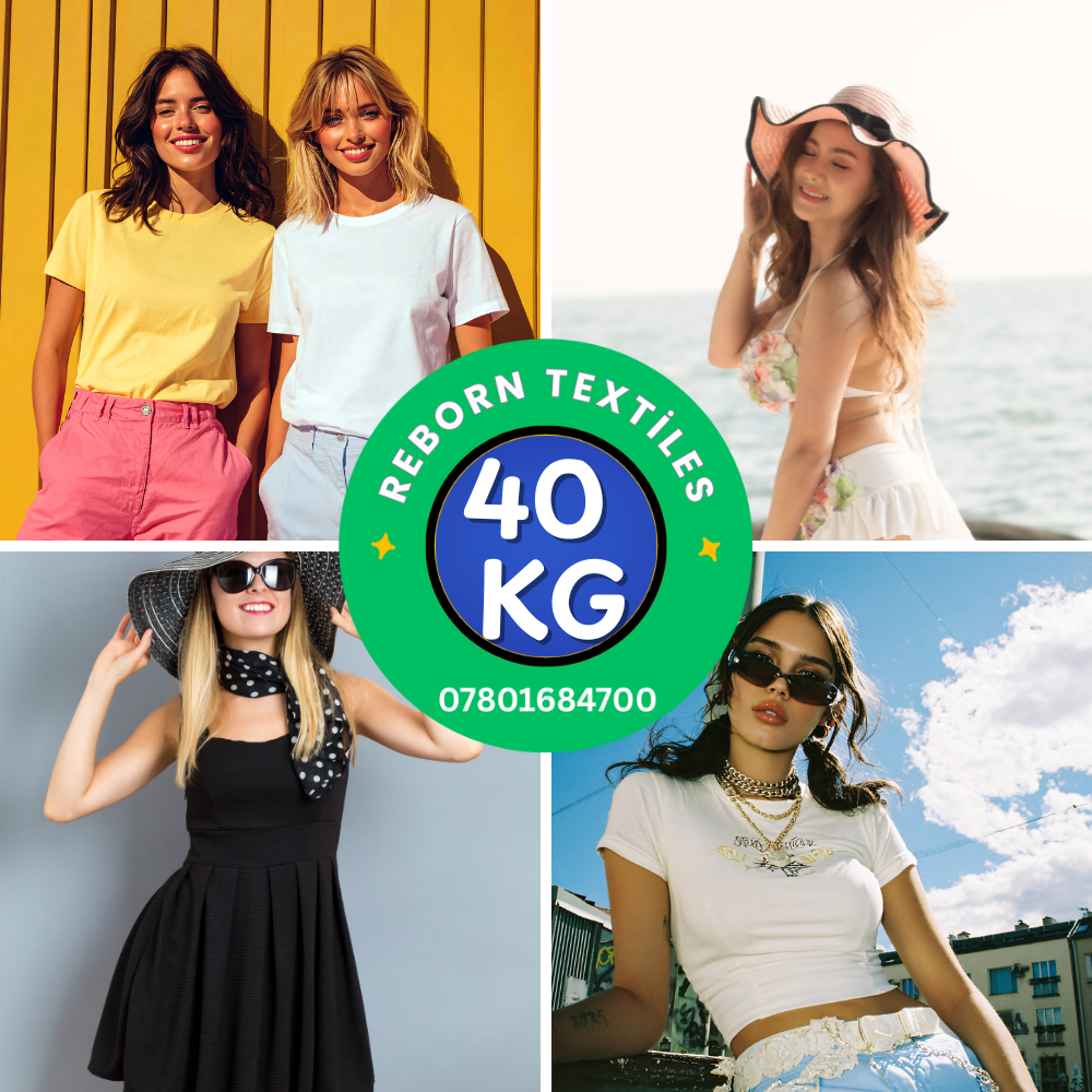 Collage of people wearing different outfits with Reborn Textiles branding.