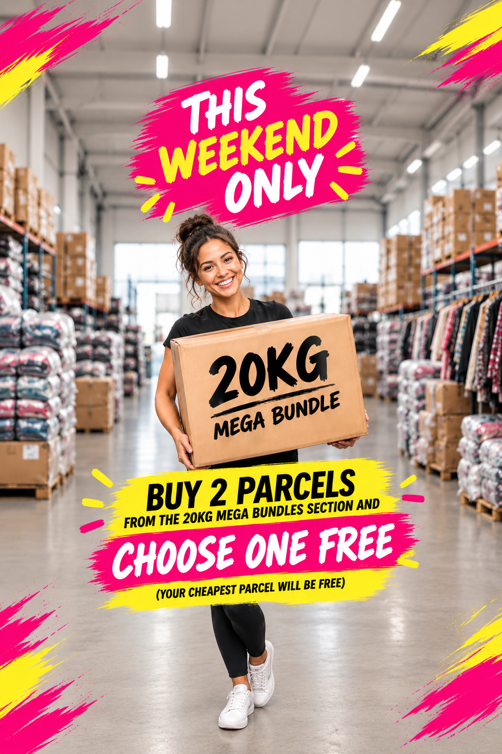 A promotional graphic featuring a woman in a warehouse holding a cardboard box labeled '20KG MEGA BUNDLE.' Large text overlays read 'THIS WEEKEND ONLY' and 'BUY 2 PARCELS FROM THE 20KG MEGA BUNDLES SECTION AND CHOOSE ONE FREE.