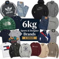 A collage of multiple branded apparel items arranged around a central text panel reading '6kg Sports & Designer Brands A Grade.' Visible products include Adidas, Nike, The North Face, Calvin Klein, Under Armour, Guess, Champion, Tommy Hilfiger, Converse, and other hoodies, shirts, jackets, and sweatshirts in assorted colors.
