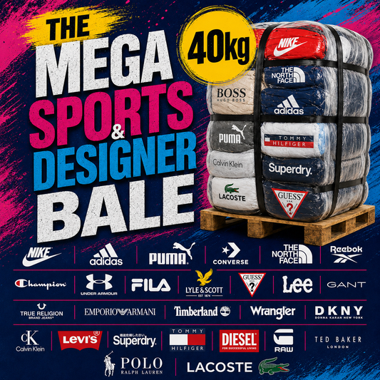Promotional graphic for 'The Mega Sports & Designer Bale' featuring a 40kg wrapped pallet stacked with apparel from brands like Nike, Adidas, Puma, Calvin Klein, and others, set against a colorful paint-splatter background with a row of brand logos at the bottom.