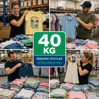 A four-panel collage showing people in a warehouse setting holding up various clothing items, with stacks of folded garments on tables and a large green center graphic reading '40 KG REBORN TEXTILES 07801684700'.