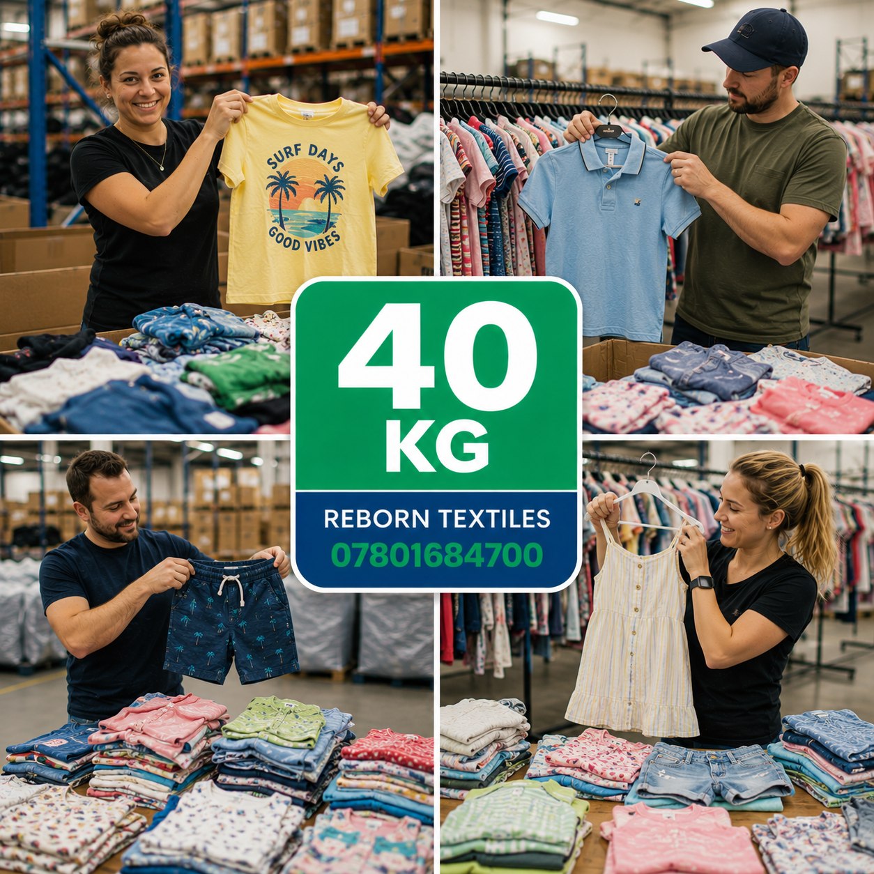 A four-panel collage showing people in a warehouse setting holding up various clothing items, with stacks of folded garments on tables and a large green center graphic reading '40 KG REBORN TEXTILES 07801684700'.