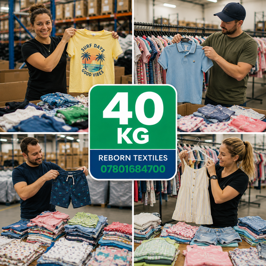 A four-panel collage showing people in a warehouse setting holding up various clothing items, with stacks of folded garments on tables and a large green center graphic reading '40 KG REBORN TEXTILES 07801684700'.