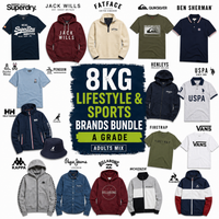 A promotional collage for an 8KG Lifestyle & Sports Brands Bundle, featuring multiple apparel items from different brands arranged around a central dark blue text panel. Visible brands include Superdry, Jack Wills, Fatface, Quiksilver, Ben Sherman, Henleys, USPA, Vans, Kappa, Papa John's, Billabong, McKenzie, and Firetrap.
