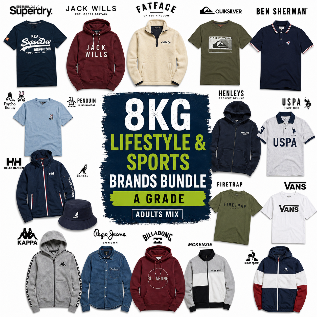 A promotional collage for an 8KG Lifestyle & Sports Brands Bundle, featuring multiple apparel items from different brands arranged around a central dark blue text panel. Visible brands include Superdry, Jack Wills, Fatface, Quiksilver, Ben Sherman, Henleys, USPA, Vans, Kappa, Papa John's, Billabong, McKenzie, and Firetrap.