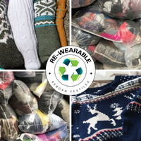 Various second-hand clothing items packed in bulk, including tops, sweaters, and jeans, with a 'Re-wearable' badge indicating the condition of the garments.