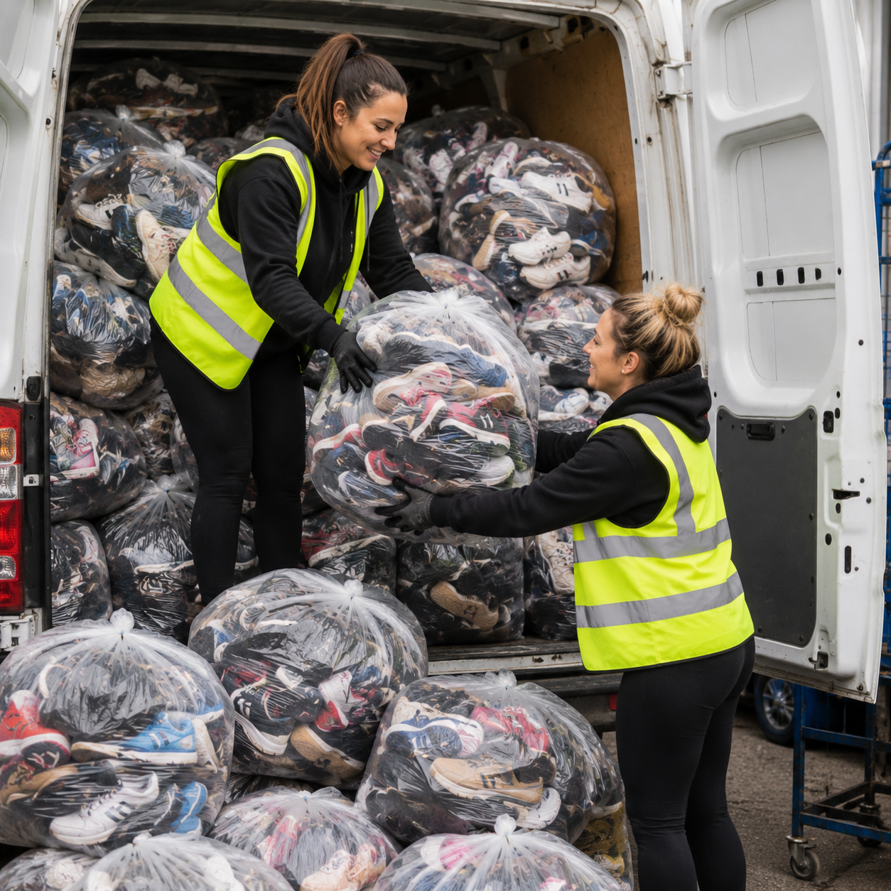 Two women in high-visibility yellow vests load or unload large clear plastic bags filled with shoes from the back of a white van.