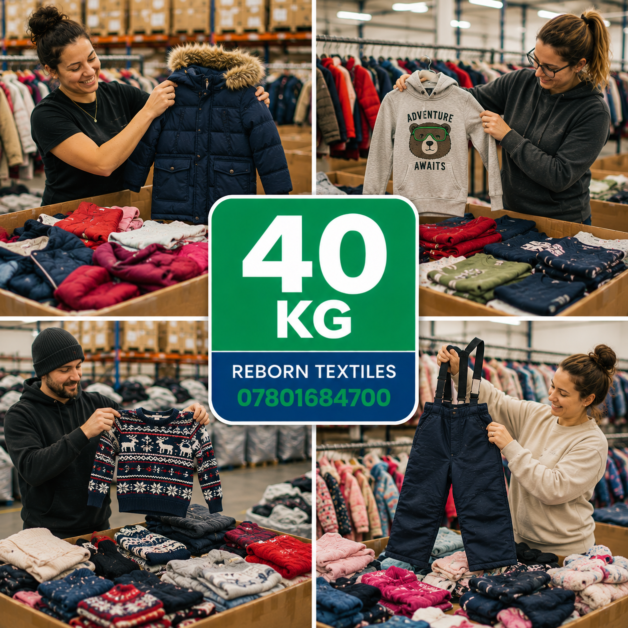 A four-panel collage showing people in a warehouse or retail setting handling various garments, with a large green and blue center badge reading '40 KG REBORN TEXTILES 07801684700'. The garments include a navy puffer jacket, a light gray sweatshirt with a bear graphic, a navy patterned sweater, and navy pants.