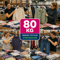 A four-panel collage shows women in a warehouse or retail sorting area handling folded and hanging garments, with a large central pink and blue badge reading '80 KG' and 'REBORN TEXTILES 07801684700'. Because people and a real environment are clearly present, this is Lifestyle rather than Product/Packaging.