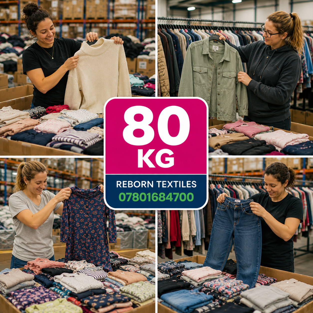 A four-panel collage shows women in a warehouse or retail sorting area handling folded and hanging garments, with a large central pink and blue badge reading '80 KG' and 'REBORN TEXTILES 07801684700'. Because people and a real environment are clearly present, this is Lifestyle rather than Product/Packaging.
