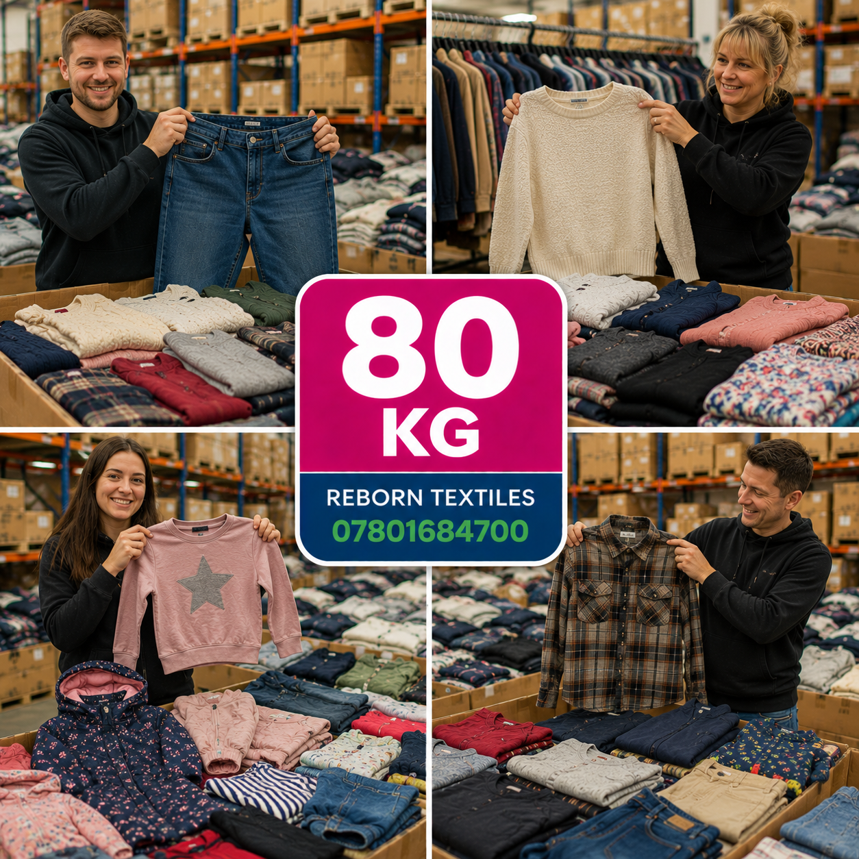 A four-panel collage showing people in a warehouse-like textile store holding up various garments, with folded clothes spread out in front of them. A large central pink and blue badge reads '80 KG' and 'REBORN TEXTILES 07801684700'.