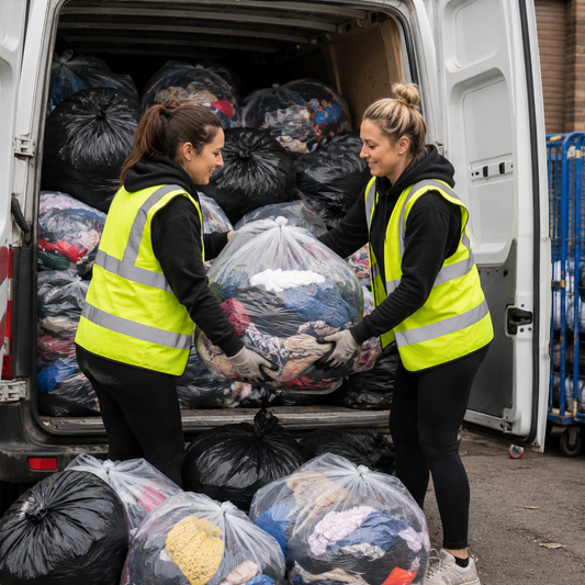 Two women in bright yellow high-visibility vests load or unload bags of recyclable clothes from the back of a white van in an outdoor industrial setting.