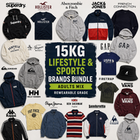 A promotional collage for a 15kg lifestyle and sports brands bundle for adults, featuring multiple apparel items from brands like Stencil, Hollister, Abercrombie & Fitch, Jack & Jones, French Connection, GAP, Quiksilver, Peenfield, Helly Hansen, USPA, Firetrap, Vans, Kappa, Papa Jeans, and Lambretta, arranged around a central dark blue text panel.
