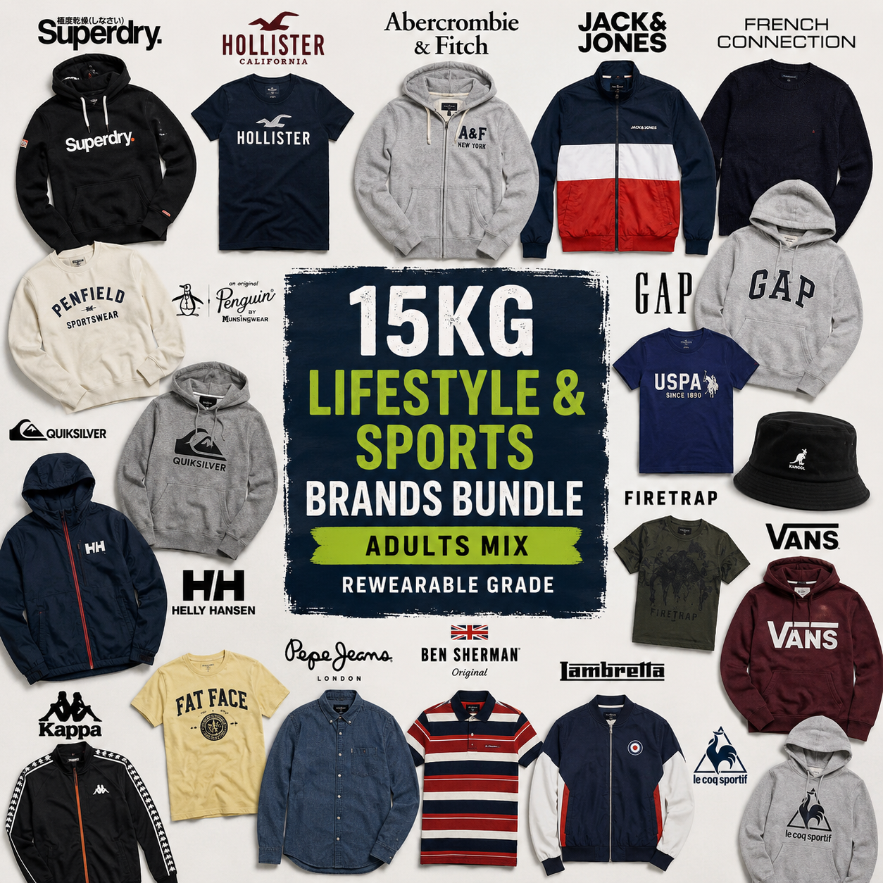 A promotional collage for a 15kg lifestyle and sports brands bundle for adults, featuring multiple apparel items from brands like Stencil, Hollister, Abercrombie & Fitch, Jack & Jones, French Connection, GAP, Quiksilver, Peenfield, Helly Hansen, USPA, Firetrap, Vans, Kappa, Papa Jeans, and Lambretta, arranged around a central dark blue text panel.