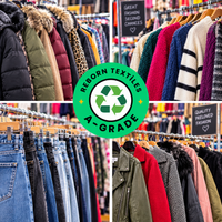 A collage of four retail clothing racks showing assorted garments and jeans, with a large green circular logo in the center reading 'REBORN TEXTILES A-GRADE' and a recycling symbol. Signs in the background mention great fashion second chances and quality preloved fashion.