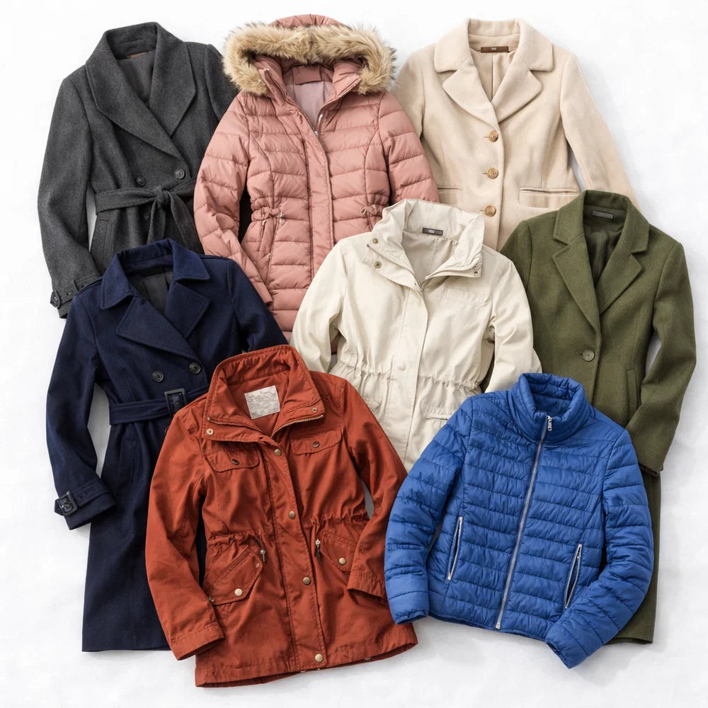 Seven women's outerwear pieces arranged in a flat lay on a white background: a dark gray belted coat, a pink hooded puffer with faux-fur trim, a cream coat, a navy coat, a rust-orange coat, a cream puffer, and a blue puffer jacket.
