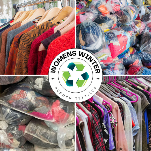 Various second-hand women's clothing items displayed in a market setting, including tops, sweaters, and outerwear, indicating a mix of winter clothing.