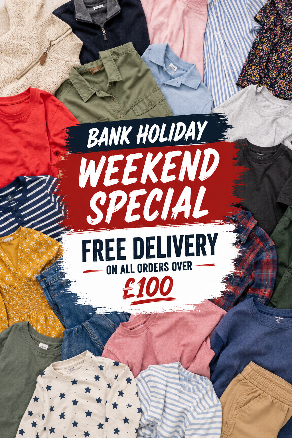  large text reading 'BANK HOLIDAY WEEKEND SPECIAL FREE DELIVERY ON ALL ORDERS OVER £100'.