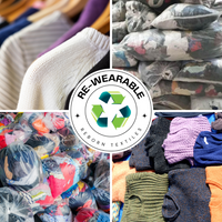 Collage of recycled textiles with 'Re-Wearable Reborn Textiles' logo.