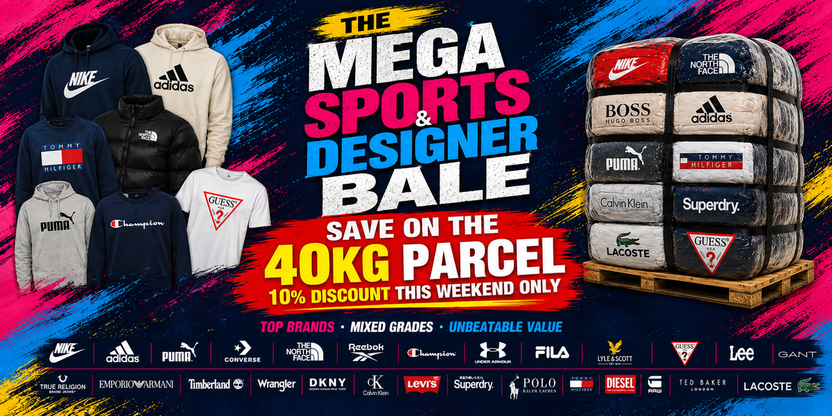 Promotional graphic for a mega sports and designer bale sale, showing multiple apparel items on the left and a pallet stacked with branded shipping crates on the right. Large text reads 'THE MEGA SPORTS & DESIGNER BALE' and 'SAVE ON THE 40KG PARCEL 10% DISCOUNT THIS WEEKEND ONLY.