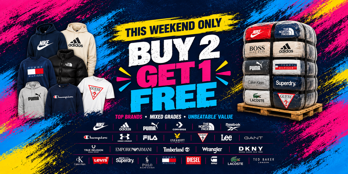 Promotional graphic for a weekend sale offering buy 2 get 1 free on mixed apparel and tires. On the left, multiple hoodies and t-shirts in various colors are displayed.