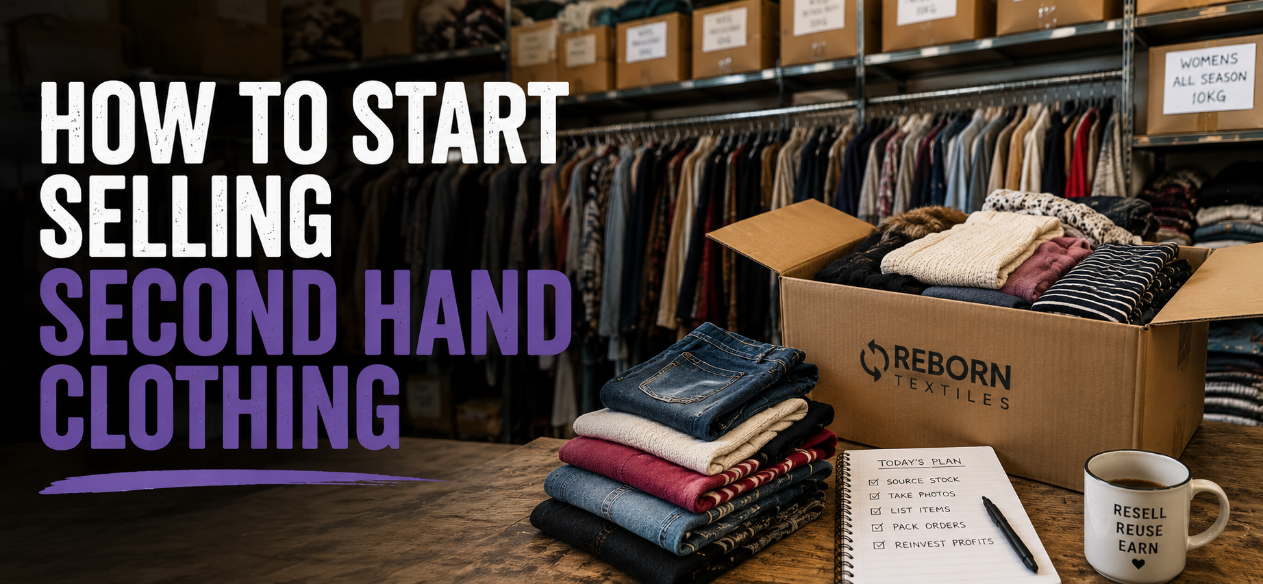 Stack of second-hand clothing with a box and notebook on a table, with text overlay 'How to Start Selling Second Hand Clothing'.