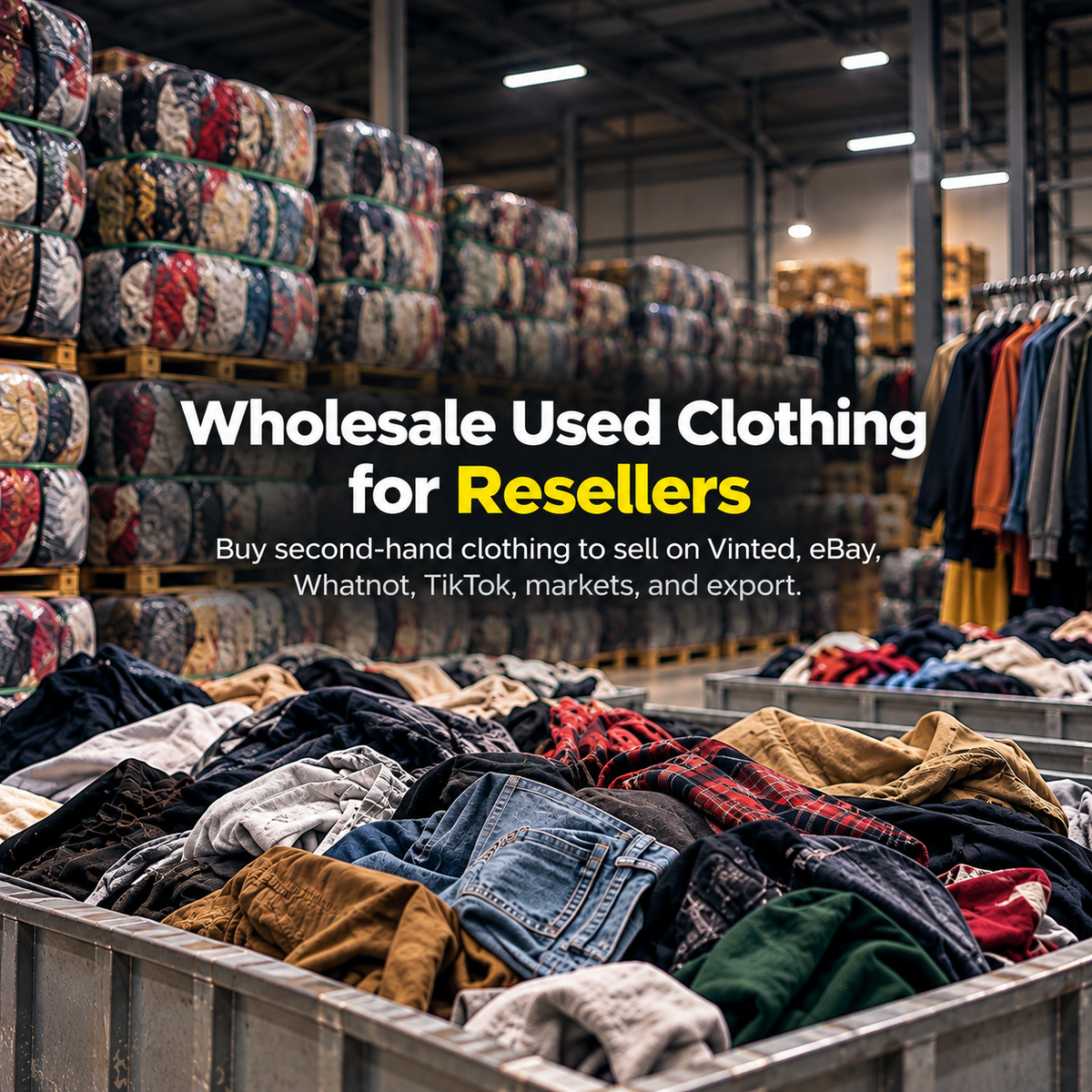 A warehouse aisle filled with bins of folded and bundled used clothing, with large overlaid text reading 'Wholesale Used Clothing for Resellers' and smaller promotional copy about selling on Vinted, eBay, Whatnot, TikTok, markets, and export.