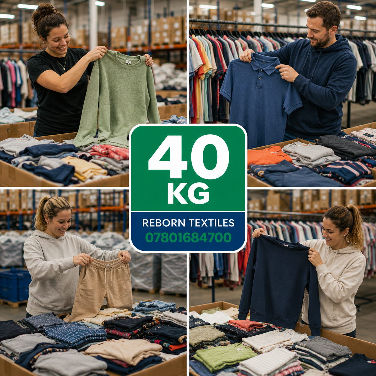 A four-panel collage showing people in a warehouse sorting and folding clothing from Reborn Textiles, with a central green sign reading '40 KG REBORN TEXTILES 07801684700'.