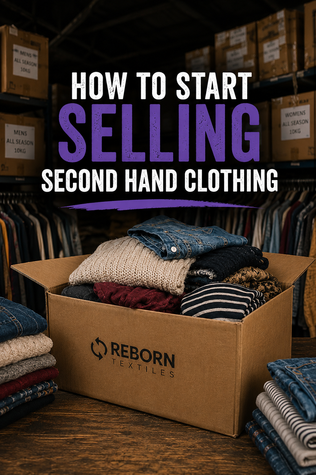 Box of second-hand clothing with 'Reborn Textiles' logo and text about starting to sell second-hand clothing.