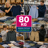 A four-panel collage shows people in a warehouse setting holding folded and hanging garments, with tables of folded clothes in the foreground. A large central pink and blue badge reads '80 KG REBORN TEXTILES 07801684700'.