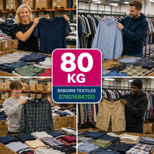 A four-panel collage shows people in a warehouse setting holding folded and hanging garments, with tables of folded clothes in the foreground. A large central pink and blue badge reads '80 KG REBORN TEXTILES 07801684700'.