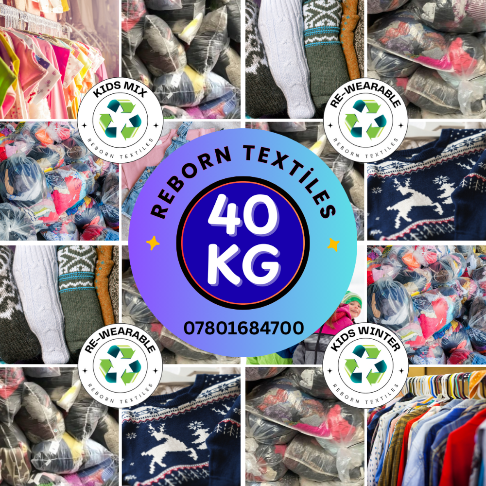 Collage of various textiles with 'Reborn Textiles' branding and product details.