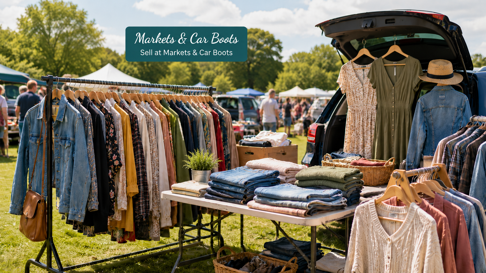 Outdoor market with clothing stalls and a car boot sale setup.