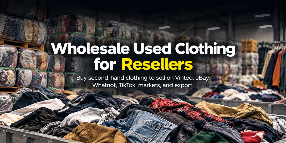 Promotional banner for wholesale used clothing for resellers, showing stacks of folded and bundled garments in a warehouse setting with large text overlay.