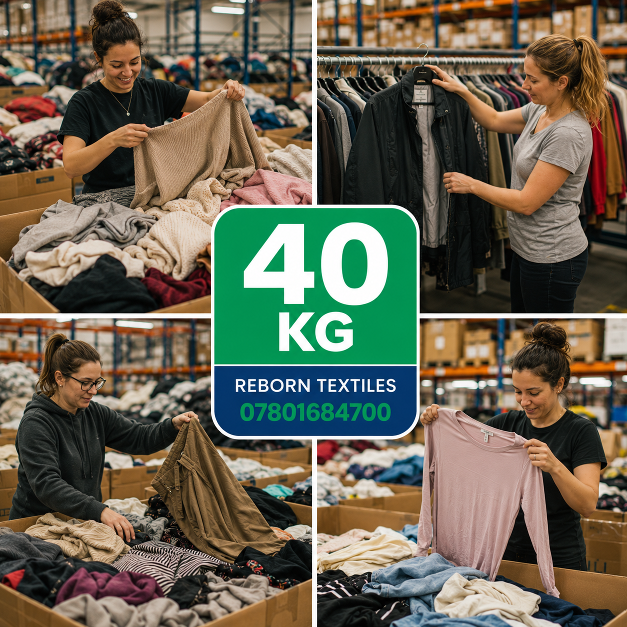 A four-panel collage shows women sorting and folding clothes in a warehouse or textile processing area, with a large central green-and-blue sign reading '40 KG' and 'REBORN TEXTILES' plus a phone number. Because people and a real environment are clearly present, this is Lifestyle rather than Product/Packaging.