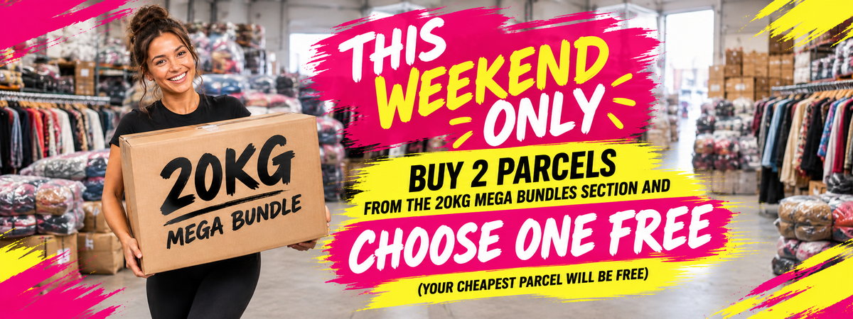 A woman in a clothing store holds a large cardboard 20KG Mega Bundle parcel. The image features a vibrant promotional graphic overlay with pink, yellow, and white text offering a weekend-only deal: buy 2 parcels from the 20KG mega bundles section and choose one free.