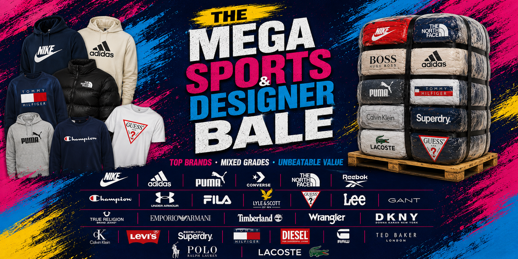 Promotional graphic for 'The Mega Sports & Designer Bale' featuring a stack of wrapped sports balls on a wooden pallet and a group of assorted apparel items including hoodies, t-shirts, and jackets. The bottom displays a grid of numerous visible brands such as Nike, Adidas, Puma, The North Face, Reebok, GANT, and Lacoste.