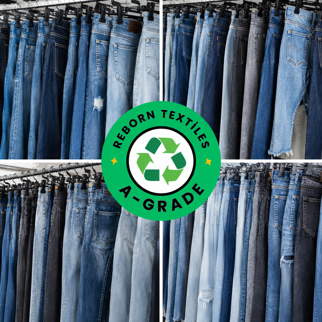A collage of multiple pairs of blue and gray denim jeans hanging on black racks, with a large green circular logo overlay in the center reading 'REBORN TEXTILES A-GRADE' and featuring a recycling symbol.